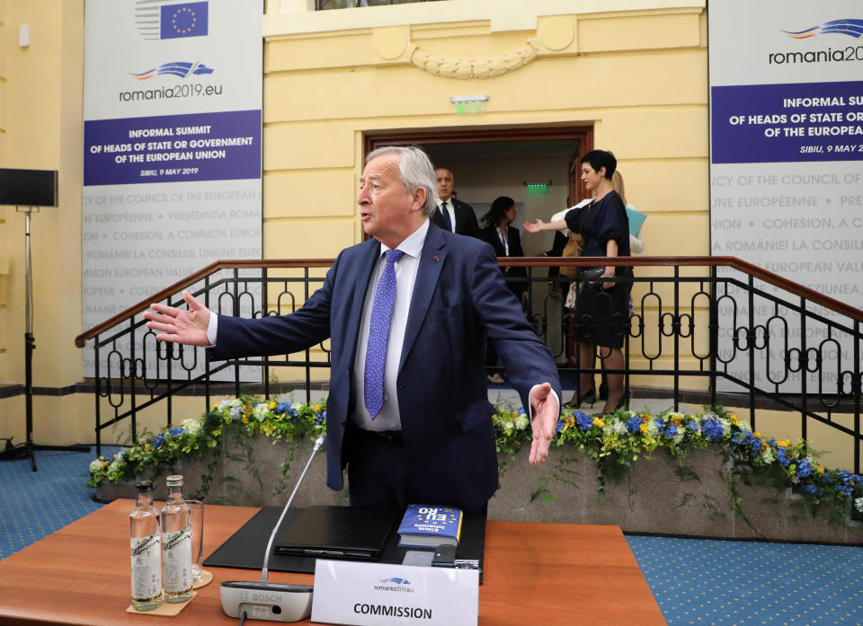 European Commission President Jean-Claude Juncker during a round table meeting at an EU summit in Sibiu, Romania, Thursday, May 9, 2019. European Union leaders on Thursday start to set out a course for increased political cooperation in the wake of the impending departure of the United Kingdom from the bloc. (Ludovic Marin, Pool Photo via AP)