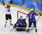 Natalie Spooner of Canada celebrates a goal by Haley Irwin of Canada (not pictured). REUTERS/David W Cerny