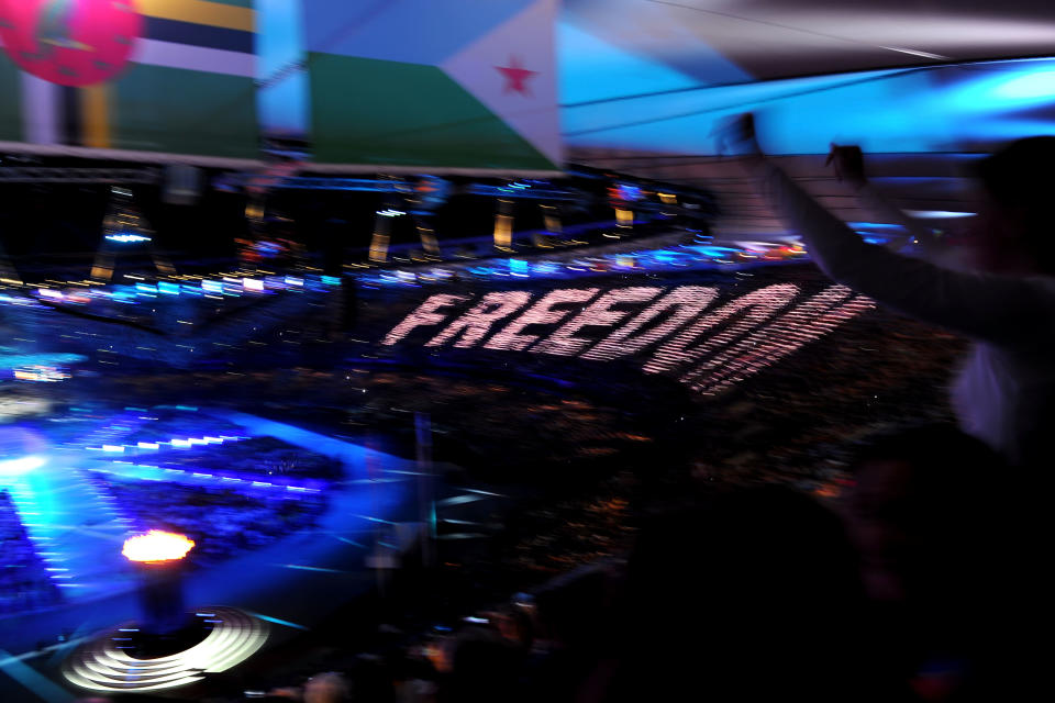 'Freedom' is displayed across the stadium as George Michael performs during the Closing Ceremony on Day 16 of the London 2012 Olympic Games at Olympic Stadium on August 12, 2012 in London, England. (Photo by Michael Regan/Getty Images)