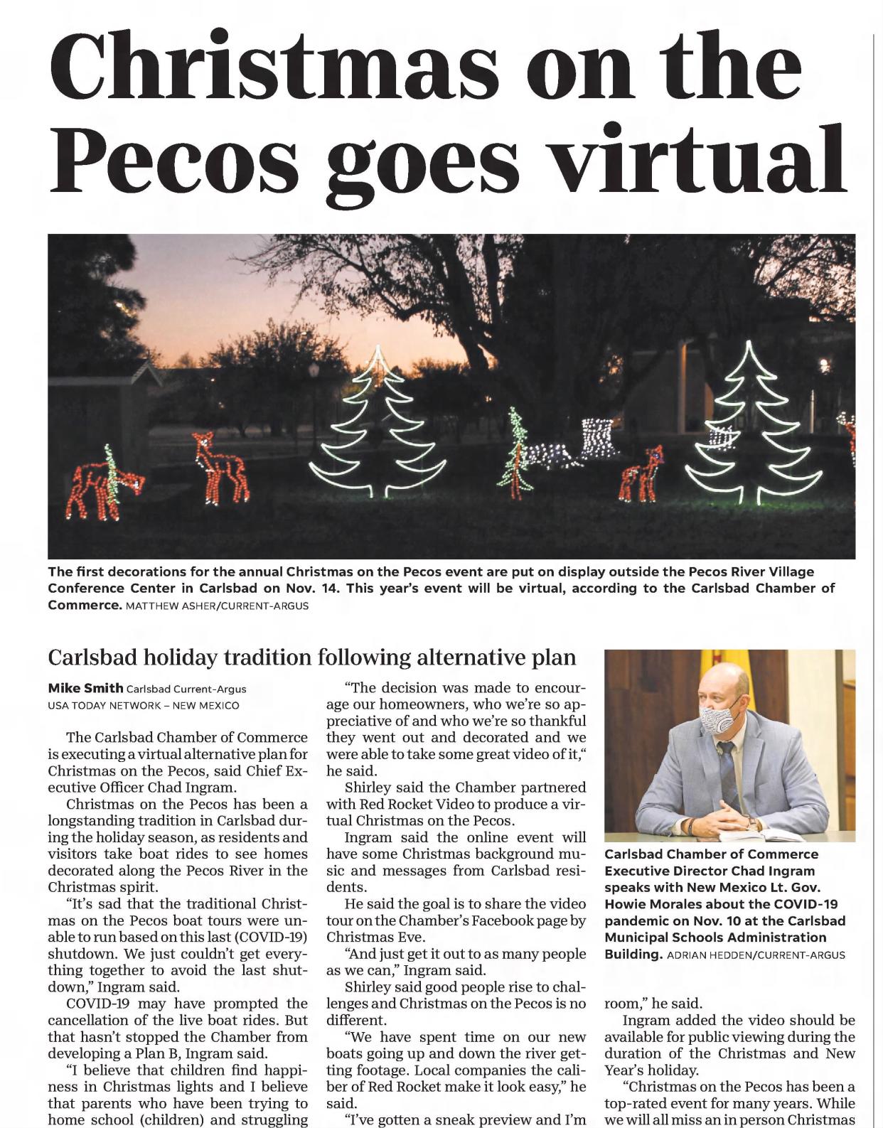 A story discusses how the COVID-19 pandemic led to Christmas on the Pecos going virtual in the Dec. 25, 2020 issue of the Carlsbad Current-Argus.