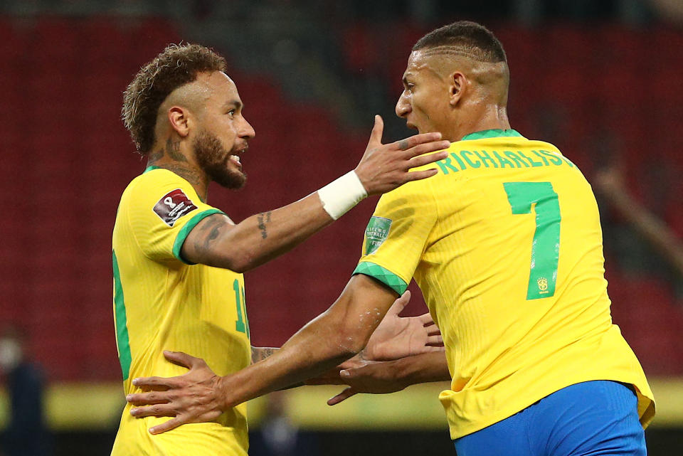 Richarlison of Brazil celebrates with Neymar