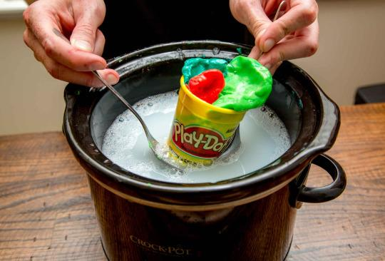 10. Make Play-Doh for the kids Mix up your very own clumps of play putty by blending flour, corn starch, salt, cream of tartar, water, and oil in your slow cooker, heat for 30 minutes then ball up and add food coloring. Just make sure no one eats it. [Try it] Credit: Cole Saladino/Supercompressor