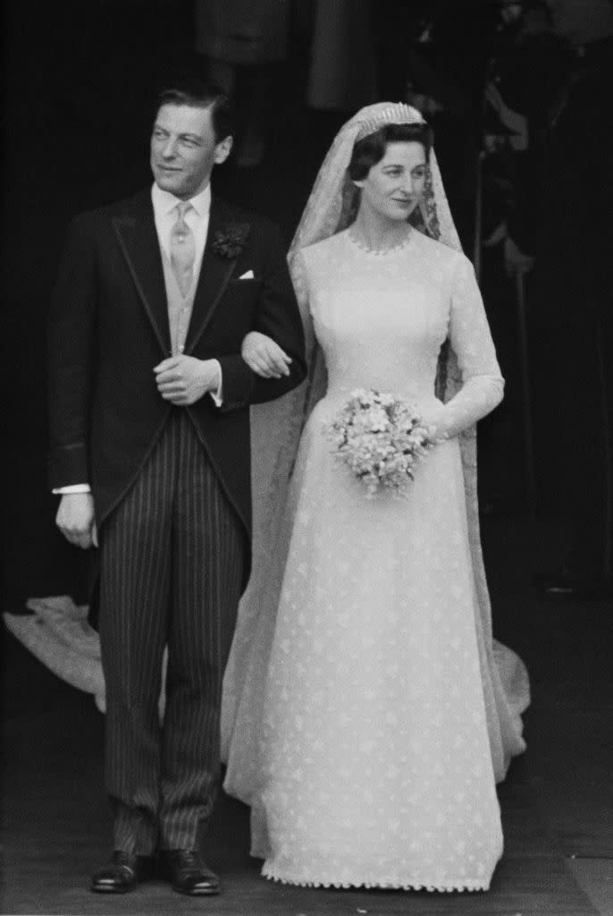 <p>Angus Ogilvy became only the second commoner in the 20th century to marry a royal princess. Here, the Ogilvys are pictured on their wedding day at Westminster Abbey. </p>