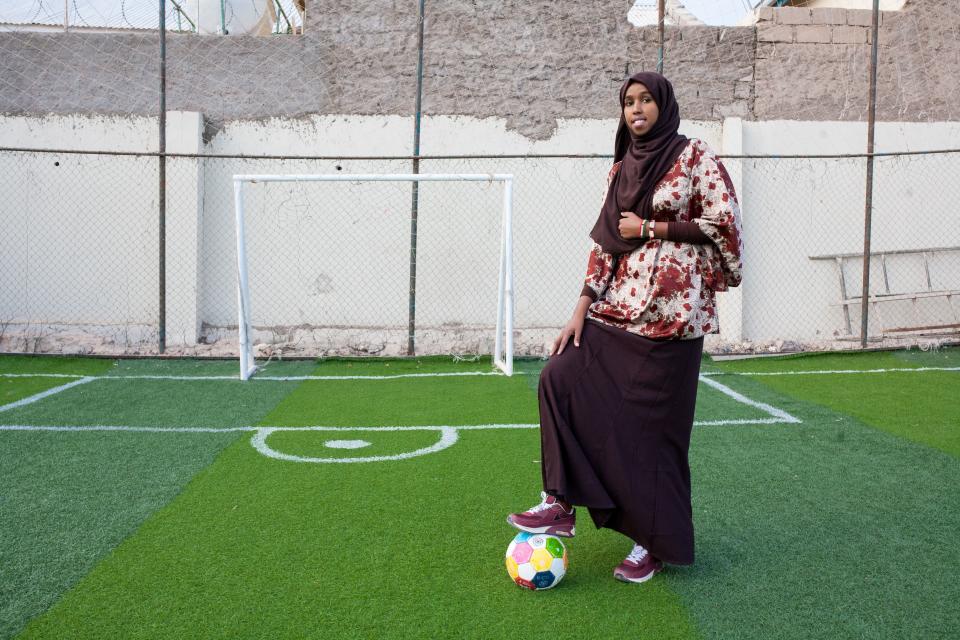 Soccer coach and player Marwa Mauled Abdi, 24, poses at Ubah fitness center in Hargeisa, Somalia, on March 1, 2018.