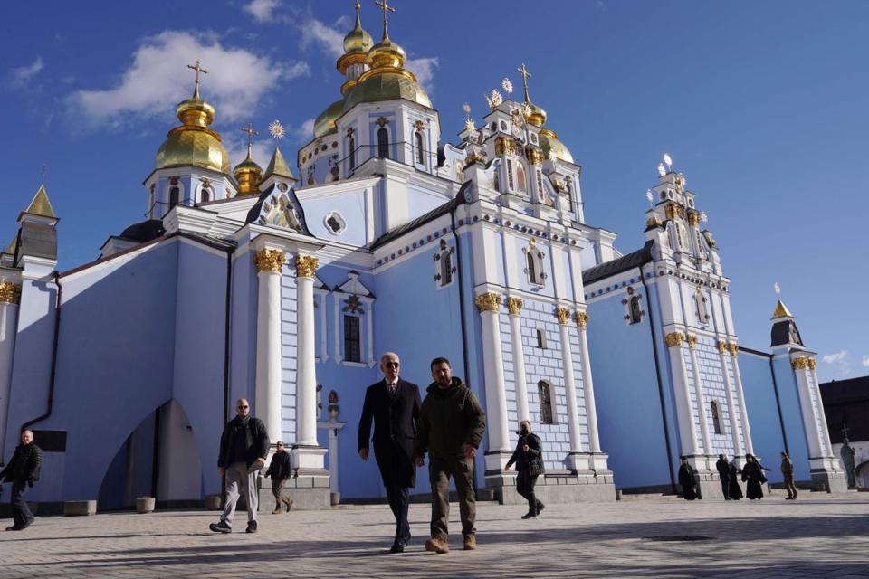 The two presidents on their walk around the streets of Kyiv (AFP via Getty)