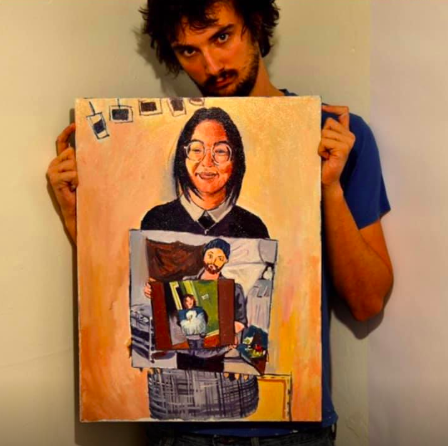 A man with his painting of Laila Amer. Source: Reddit