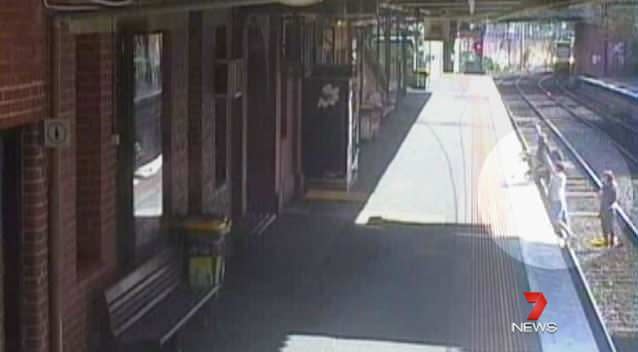 Panic as a baby's pram rolls over the edge of a train station platform and onto train tracks at Camberwell Station. Photo: Supplied