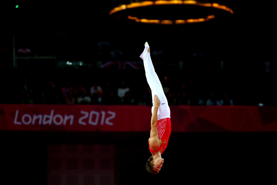 LONDON, ENGLAND - AUGUST 03: Dmitry Ushakov of Russia competes on the Men's Trampoline during Day 7 of the London 2012 Olympic Games at North Greenwich Arena on August 3, 2012 in London, England. (Photo by Cameron Spencer/Getty Images)