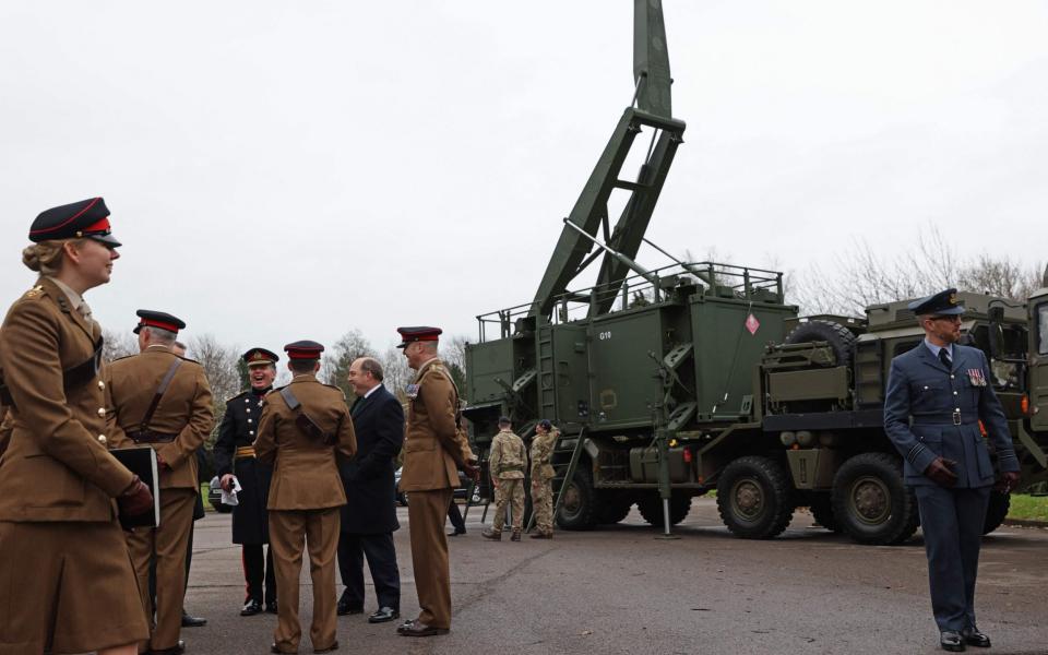 Ben Wallace speaking with officers in January in front of the Saab Giraffe surveillance radar - a key component of the Sky Sabre - Adrian Dennis/AFP