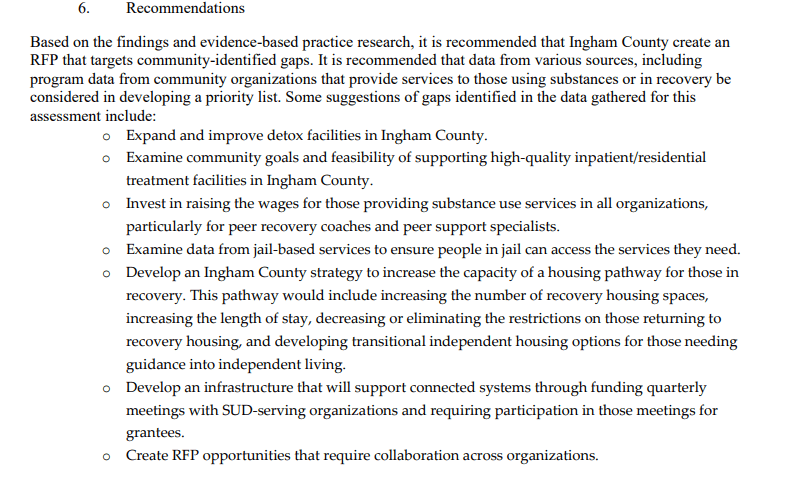 Screenshot of recommendations from MSU researchers on priorities for use of opioid settlement funds. (Screenshot from County document WLNS)