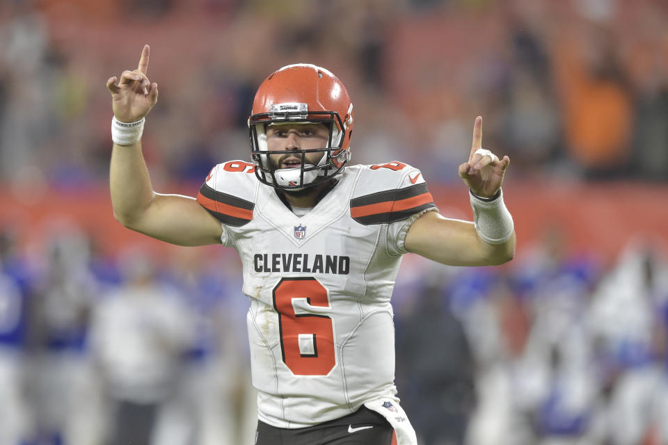 Baker Mayfield made his NFL regular-season debut on Thursday night. (AP)