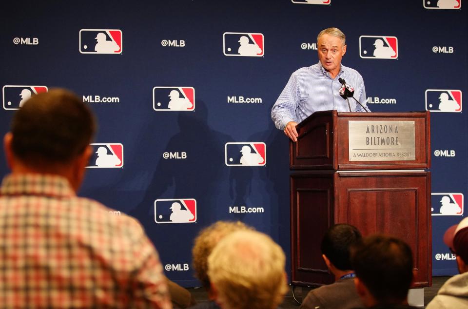 February 15, 2023; Phoenix, Ariz; USA; MLB Commissioner Rob Manfred speaks to the press during a Cactus League media day at the Arizona Biltmore.
