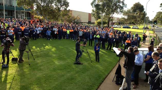 Workers outside Holden's Elizabeth plant this afternoon. Photo: Paul Martino, 7News.