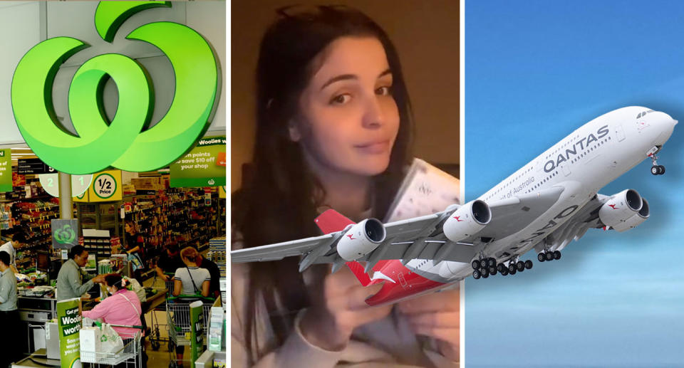 Woolworths split with a picture of a Melbourne woman with vouchers and a Qantas plane