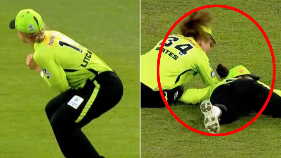 This picture shows Sydney Thunder players being terrorised in a bizarre bird attack before their WBBL match.