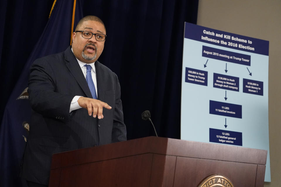 Manhattan District Attorney Alvin Bragg speaks at a press conference after the arraignment of former president Donald Trump in New York on Tuesday, April 4, 2023. (AP Photo/John Minchillo)