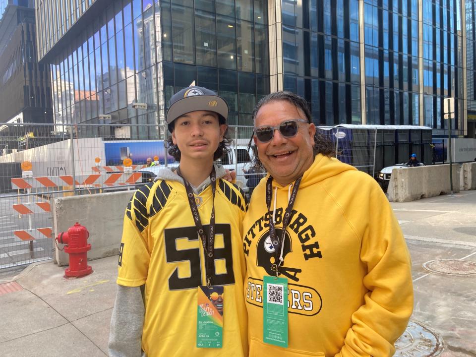 PJ Falconi, 57, and son Rocco Falconi, 16, are visiting Detroit for the NFL draft from the Pittsburgh area.