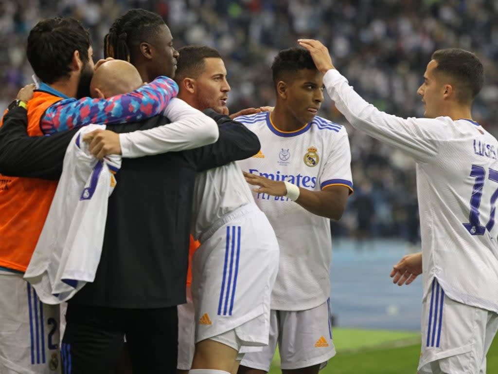 Real Madrid celebrate winning the Super Cup semi-final  (AFP via Getty Images)