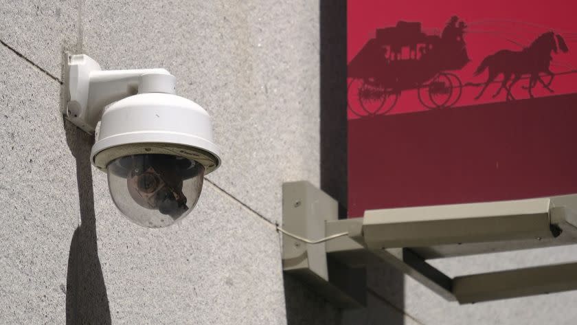 This photo taken Tuesday, May 7, 2019, shows a security camera in the Financial District of San Francisco. San Francisco is on track to become the first U.S. city to ban the use of facial recognition by police and other city agencies as the technology creeps increasingly into daily life. (AP Photo/Eric Risberg)
