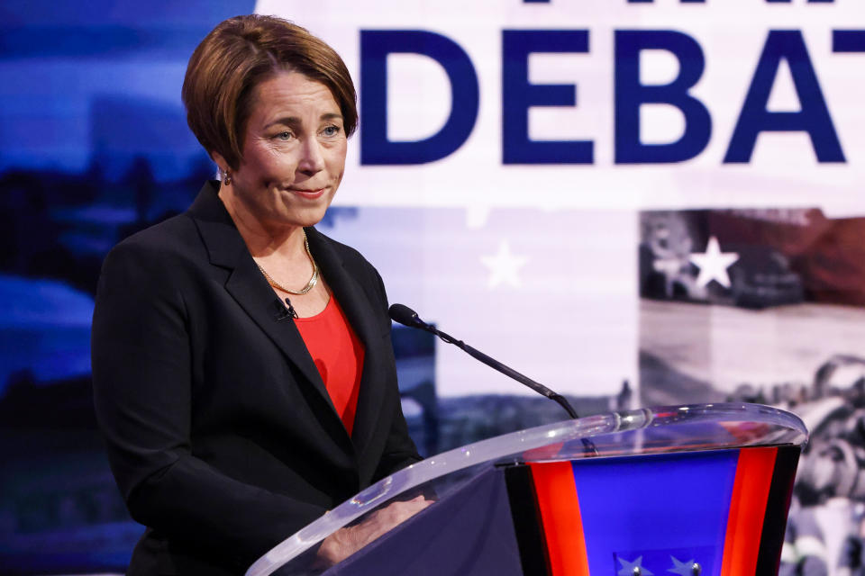 Massachusetts gubernatorial candidate Maura Healey faces Geoff Diehl at their final debate in Needham on Oct. 20, 2022. (Carlin Stiehl / The Boston Globe via AP, Pool)