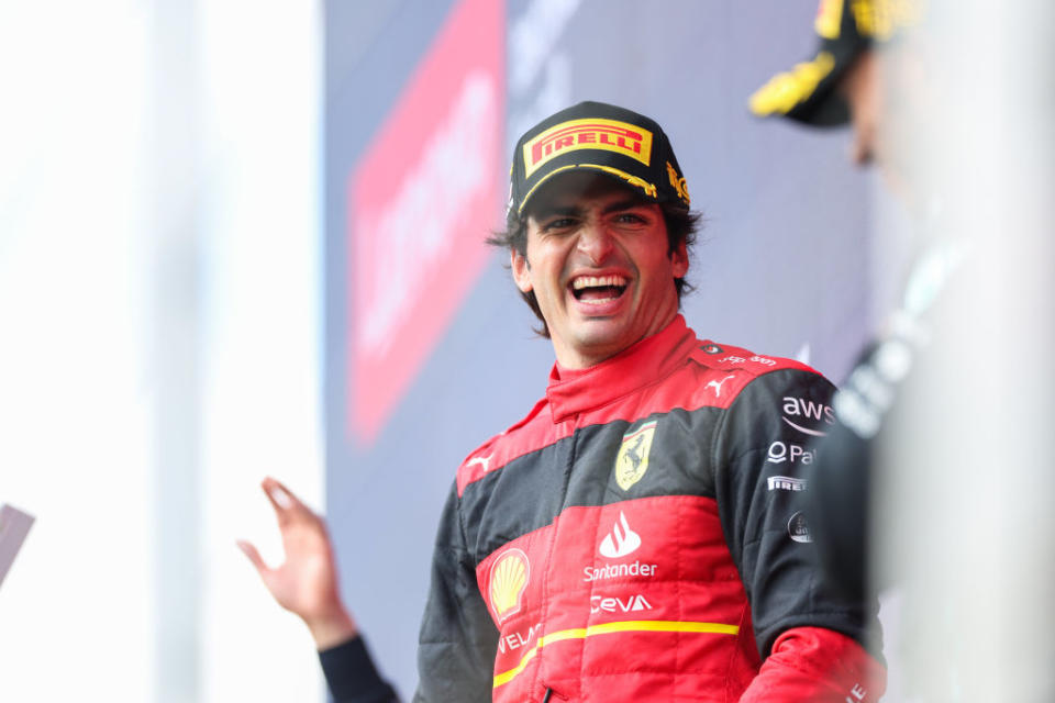 NORTHAMPTON, ENGLAND - JULY 03: Carlos Sainz of Ferrari and Spain on the podium during the F1 Grand Prix of Great Britain at Silverstone on July 03, 2022 in Northampton, England. (Photo by Peter J Fox/Getty Images)