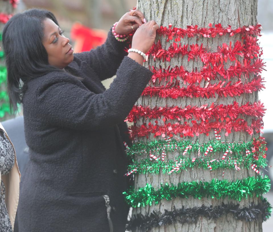 Gia Bell strings garland on a tree on Copley Road in Akron.