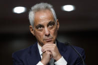 U.S. Ambassador to Japan nominee Rahm Emanuel attends a hearing to examine his nomination before the Senate Foreign Relations Committee on Capitol Hill in Washington, Wednesday, Oct. 20, 2021. (AP Photo/Patrick Semansky)