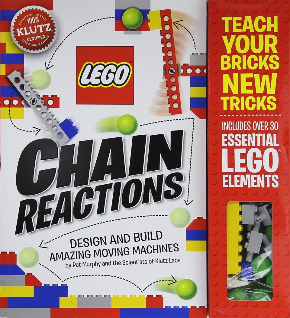 Design and build 10 amazing <a href="https://www.amazon.com/Klutz-LEGO-Chain-Reactions-Craft/dp/0545703301" target="_blank">moving machines</a> with this chain reactions kit.&nbsp;