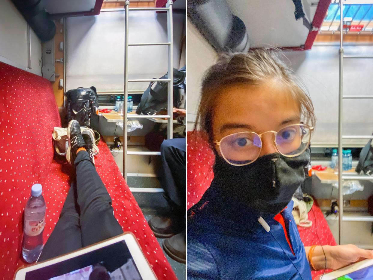 Two images: Left: The author's legs stretched out on a red couch inside a sleeper cabin. Right: The author takes a selfie with a mask on in the same spot