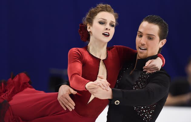 Alexandra Paul and Mitchell Islam of Canada perform at the ISU World Figure Skating Championships in Shanghai on March 25, 2015.