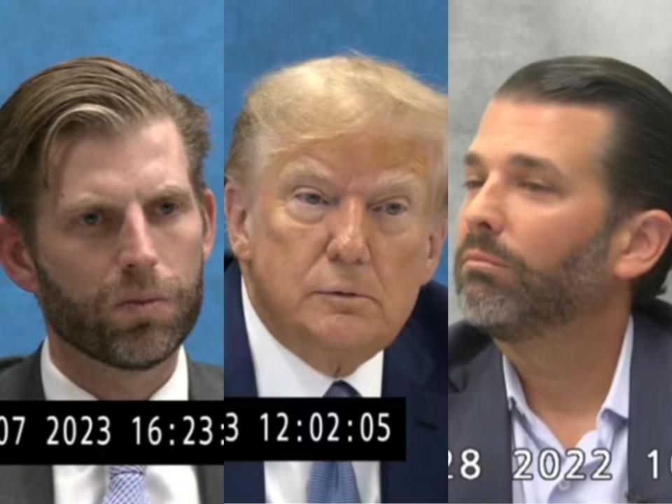 Screenshots from the deposition tapes of Eric Trump, former President Donald Trump, and Donald Trump Jr..