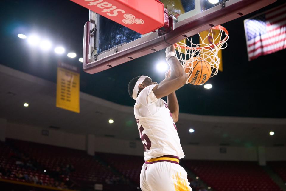 Arizona State Sun Devils senior guard Devan Cambridge (35) dunks against the Grambling State Tigers at Desert Financial Arena on Tuesday, Nov. 22, 2022.