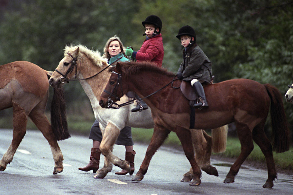 <p>En esta imagen de 1990, los dos hermanos aprendían a montar ponis junto a su niñera cerca de Sandringham House, la casa de la familia real inglesa en el condado de Norfolk. (Foto: Gtres). </p>