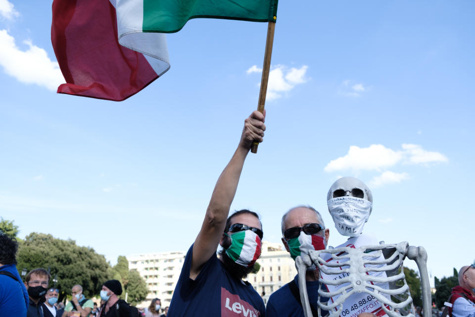 Rome was the site of anti-mask protests on October 10, 2020, in Piazza San Giovanni, even as Italy undergoes a resurgence of coronavirus infections.  (Photo by Sirio Tessitore/NurPhoto via Getty Images)