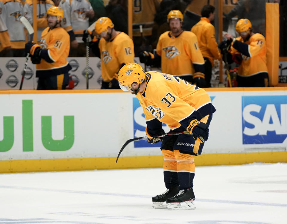 Nashville Predators left wing Viktor Arvidsson accidentally broke part of the scoreboard at Bridgestone Arena in Nashville on Sunday when he was attempting to clear the puck. (AP Photo/Sanford Myers)