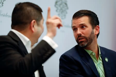 Executive Vice President of The Trump Organization, Donald J. Trump Jr. talks with Chairman of MNC Group, Hary Tanoesoedibjo, during a press conference following pre-launch of the Trump Residences in Jakarta