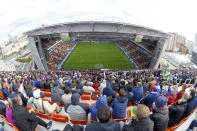 <p>Best seat in the house? The view from the back of the temporary separate stand behind the goal at the Ekaterinburg Arena. (Getty) </p>