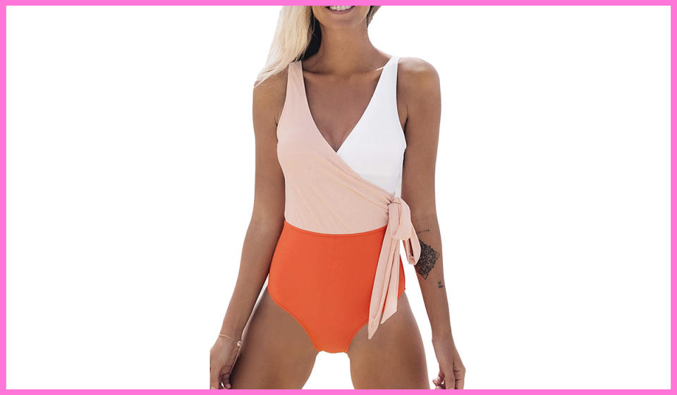 Orange and white wrap swimsuit. 