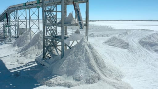 Piles of salt, a byproduct of lithium extraction, at the new state-owned lithium extraction complex at the Uyuni Salt Flat, Bolivia