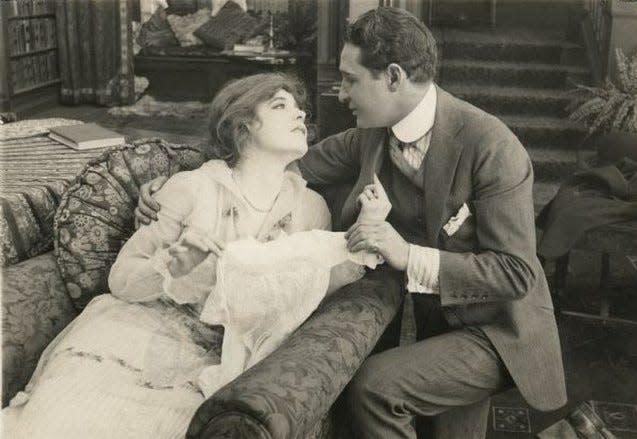 Ethel Clayton and Joseph Kaufman appear in a love scene in the 1915 silent film "A Woman Went Forth."