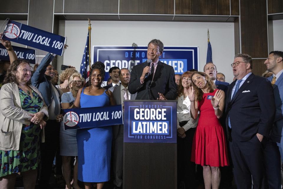 Westchester County Executive George Latimer speaks at his election night party, Tuesday, June 25, 2024 in White Plains, N.Y. (AP Photo/Jeenah Moon)