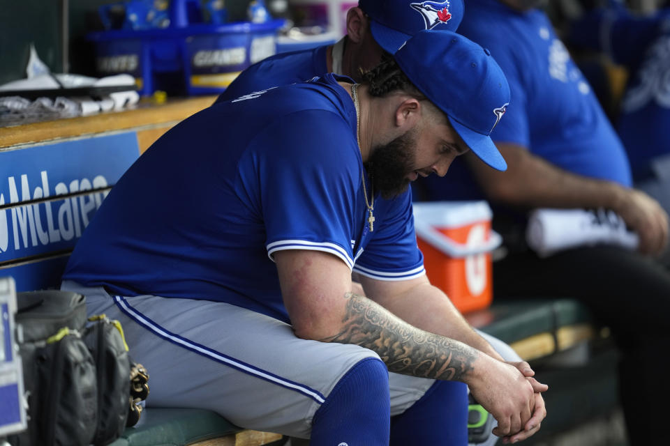 Toronto Blue Jays pitcher Alek Manoah sits on the bench in the fifth inning of a baseball game against the Detroit Tigers, Friday, May 24, 2024, in Detroit. (AP Photo/Paul Sancya)