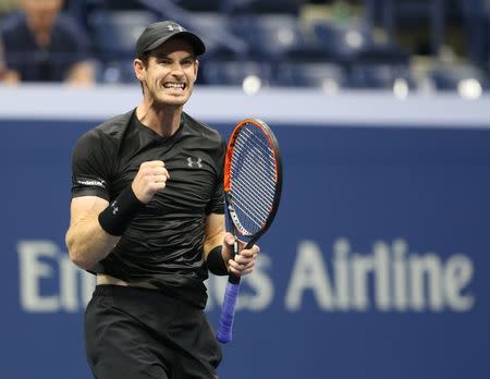 Aug 30, 2016; New York, NY, USA; Andy Murray of Great Britain celebrates after recording match point against Lukas Rosol of Czech Republic on day two of the 2016 U.S. Open tennis tournament at USTA Billie Jean King National Tennis Center. Jerry Lai-USA TODAY Sports