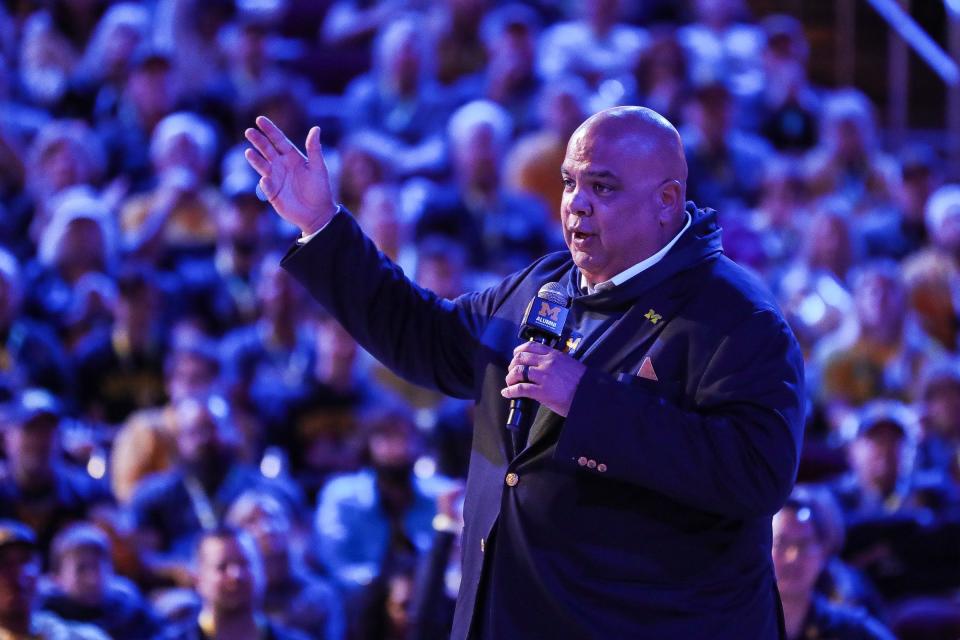 U-M athletic director Warde Manuel speaks during the Alumni Territory Rose Bowl Pep Rally at USC's Galen Center in Los Angeles on Sunday, Dec. 31, 2023.