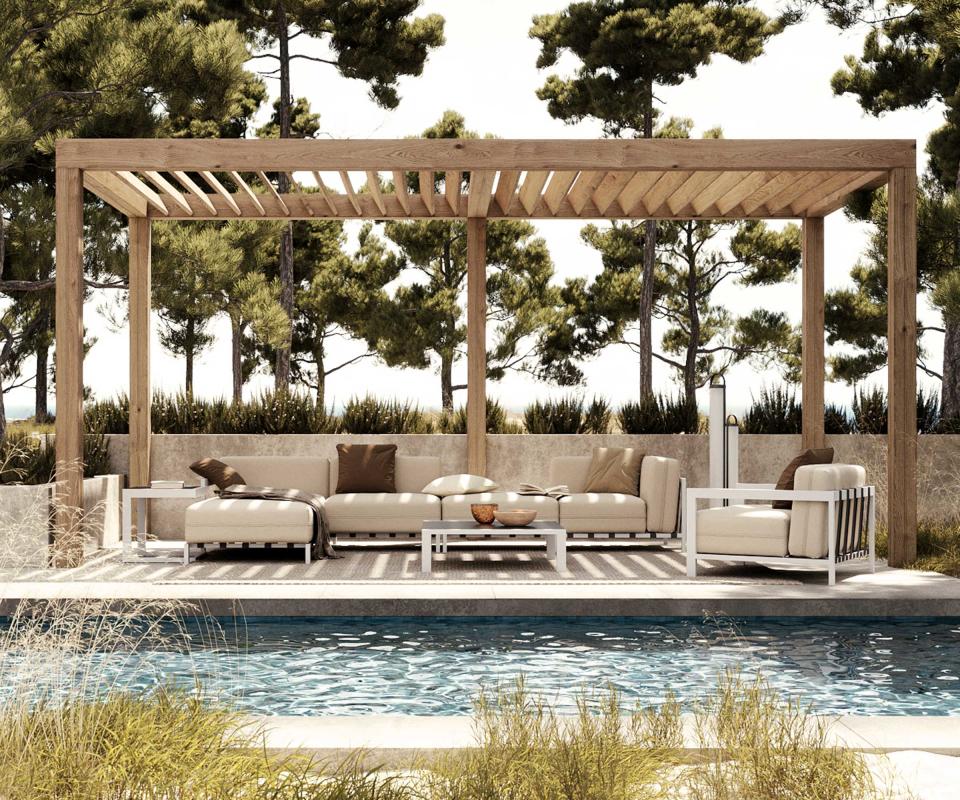 pergola and furniture by Domkapa near swimming pool