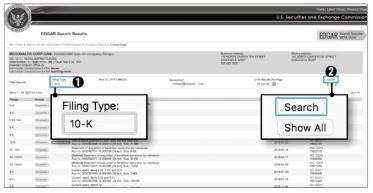 畫面會出現各項財務報告列表，在「Filing Type」（檔案類型）中輸入➊「10-K」，並按下➋「Search」（搜尋）。