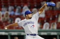 Toronto Blue Jays' Wilmer Font pitches during the fourth inning of a baseball game against the Boston Red Sox, Saturday, Aug. 8, 2020, in Boston. (AP Photo/Michael Dwyer)