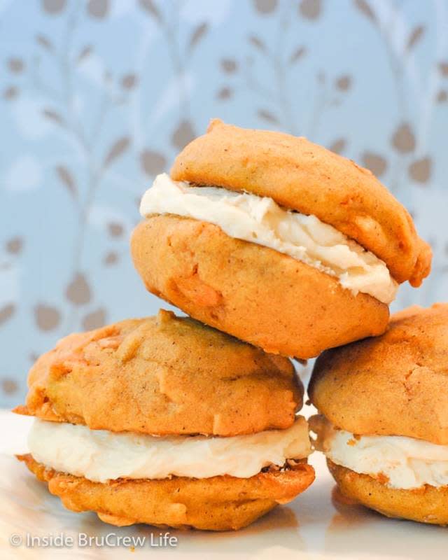 <p>Inside Bru Crew Life</p><p><strong>Get the recipe: <a href="https://insidebrucrewlife.com/butterscotch-pumpkin-whoopie-pies/" rel="nofollow noopener" target="_blank" data-ylk="slk:Butterscotch Pumpkin Whoopie Pies;elm:context_link;itc:0;sec:content-canvas" class="link rapid-noclick-resp">Butterscotch Pumpkin Whoopie Pies</a></strong></p>