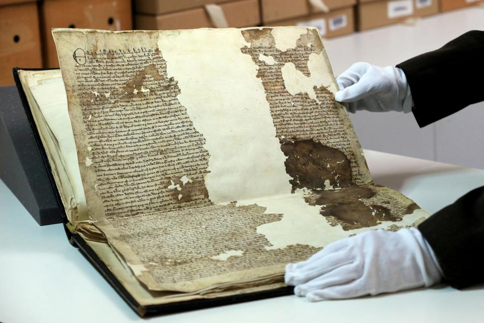 A general view of an original Magna Carta from the issue made in 1300 by King Edward l to the borough of Sandwich in Kent, which has recently been discovered in the archives at Kent County Council's Kent History and Library Centre in Maidstone.