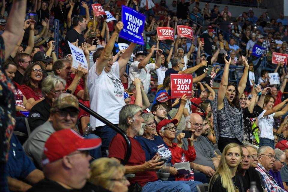 The crowd does the wave beforeFormer President Donald Trump speaks at The Monument in Rapid City, South Dakota on Friday, Sept. 8, 2023.